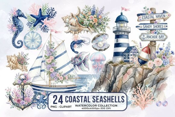 Download Coastal Seashells Watercolor Clipart PNG - Clipart Collection