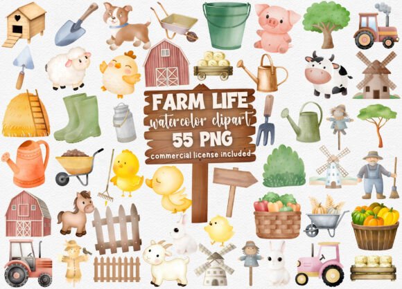 Download Watercolor Farm Life Clipart Set, 55 PNG - Clipart Collection