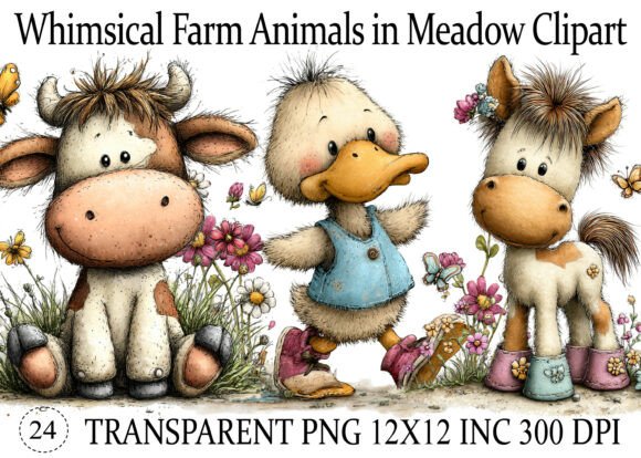 Download Whimsical Farm Animals in Meadow Clipart - Clipart Collection