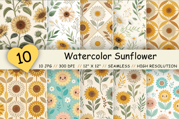 Download Watercolor Sunflower Digital Paper Pack - Digital paper Collection