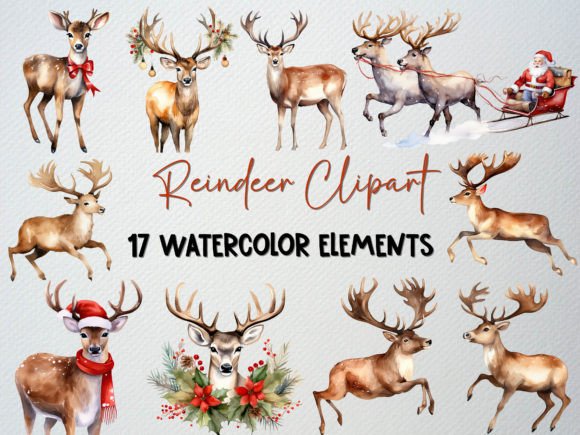 Download Watercolor Reindeer Clipart Set, 17 PNG - Clipart Collection