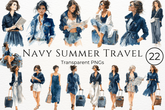 Download Navy Summer Travel Watercolor Clipart - Premium Bundle