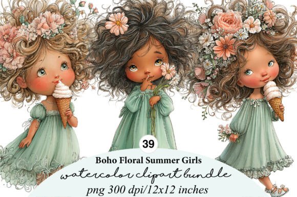 Download Boho Floral Summer Girls Clipart Bundle - Clipart Collection