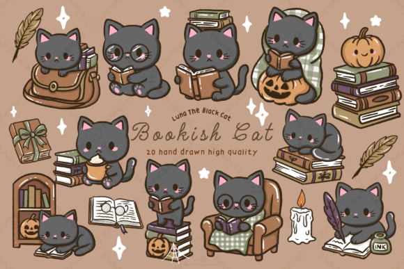 Download Kawaii Black Cat Bookish Fall Clipart - Clipart Collection