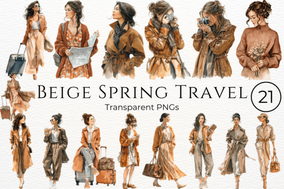 Download Beige Spring Travel Watercolor Clipart - Premium Bundle