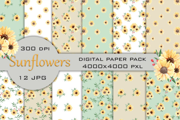 Download Watercolor Sunflower Digital Paper Pack - Digital paper Collection