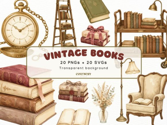 Download Vintage Books Watercolor Clipart PNG SVG - Clipart Collection