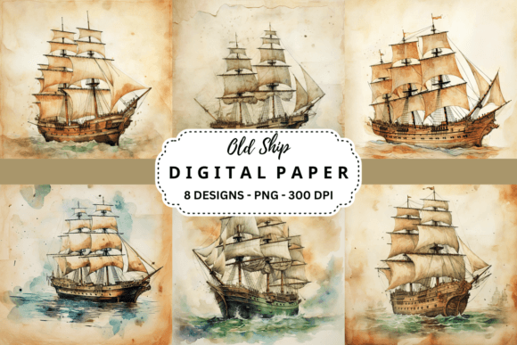 Download Watercolor Old Ship Digital Paper - Digital paper Collection