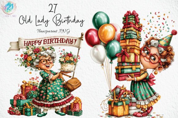 Download Whimsical Old Lady Birthday Clipart PNG - Clipart Collection