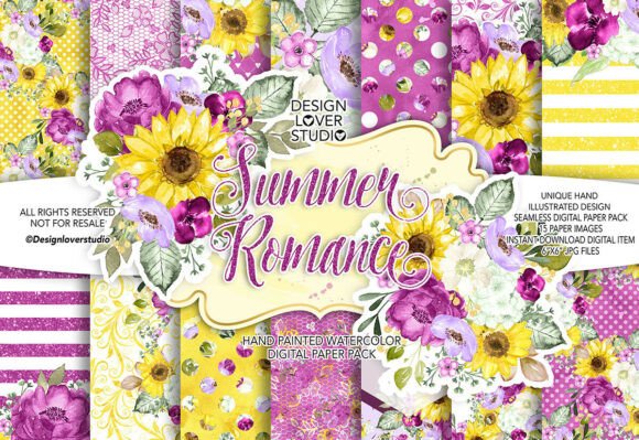 Download Watercolor SUMMER ROMANCE Digital Papers - Digital paper Collection