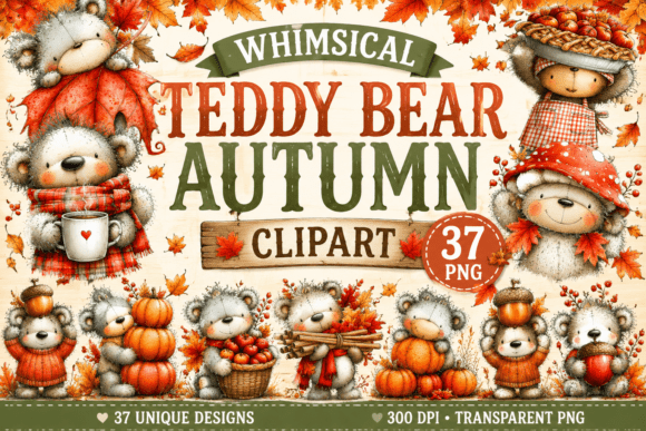 Download Whimsical Teddy Bear Autumn Clipart - Clipart Collection