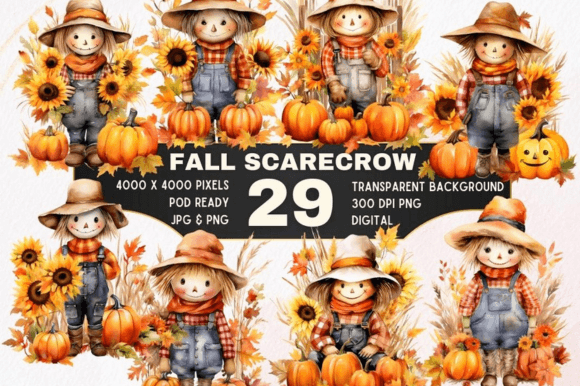 Download 29 Fall Scarecrow Watercolor Clipart Set - Clipart Collection