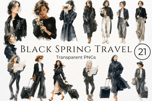 Download Black Spring Travel Watercolor Clipart - Premium Bundle