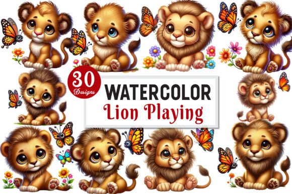 Download Cute Lion Playing with Butterfly Clipart - Clipart Collection