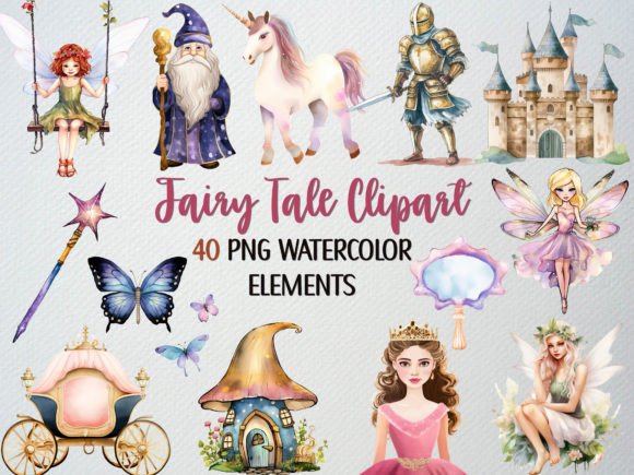 Download Watercolor Fairy Tale Clipart Set,40 PNG - Clipart Collection