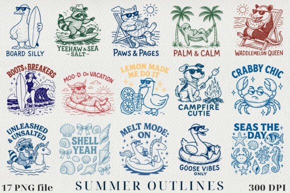 Download Vintage Summer Line Art Clipart, BUNDLE - Clipart Collection